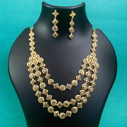 Gold-Plated Multi-Layer Necklace Set with Earrings | Traditional Ethnic Jewelry