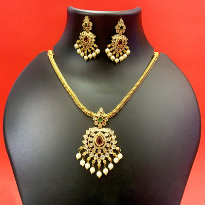 Gold Plated Ruby & CZ Stone Pendant Necklace with Pearl Drops & Earrings
