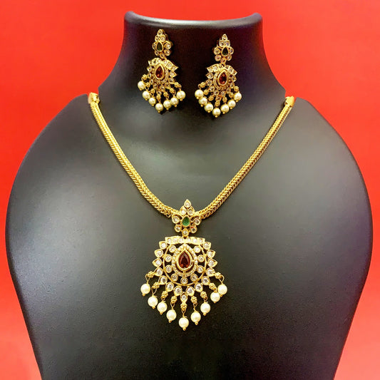 Gold Plated Ruby & CZ Stone Pendant Necklace with Pearl Drops & Earrings