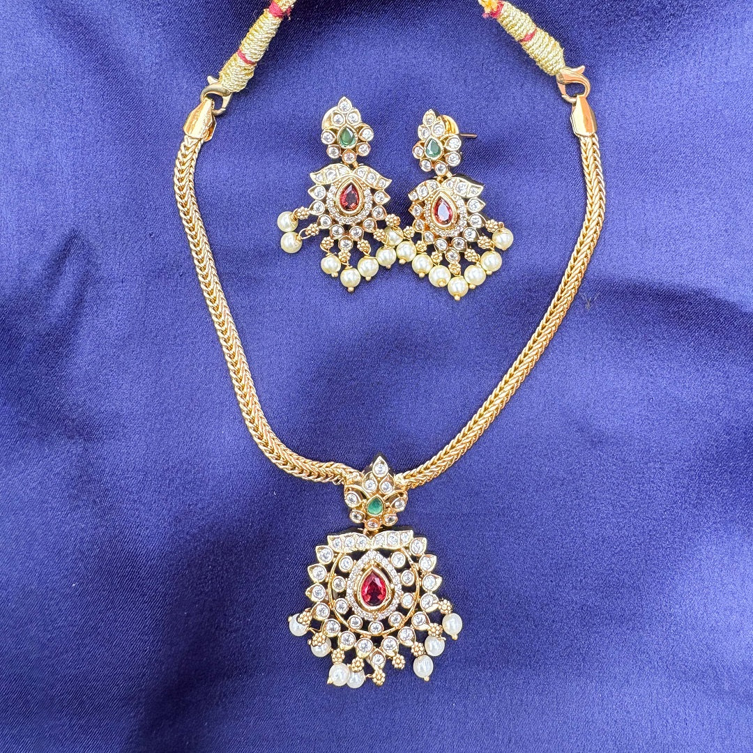 Gold Plated Ruby & CZ Stone Pendant Necklace with Pearl Drops & Earrings
