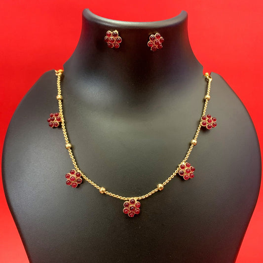 Antique Gold Plated Ruby Floral Charm Necklace with Matching Stud Earrings