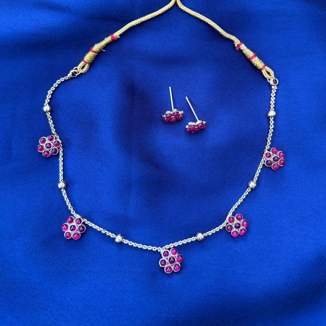 Antique Gold Plated Ruby Floral Charm Necklace with Matching Stud Earrings