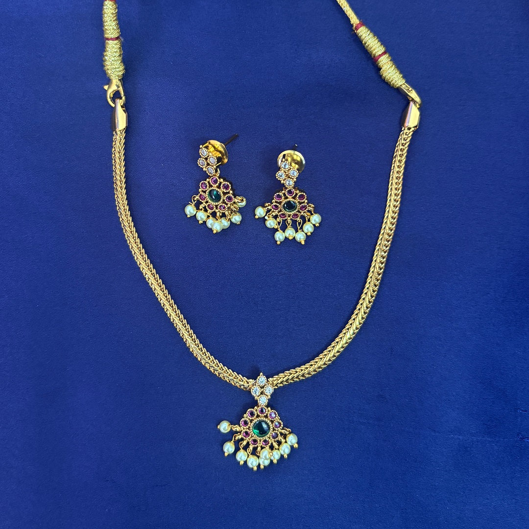 Gold Plated Ruby & Pearl Pendant Necklace Set with Earrings – Traditional South Indian Design