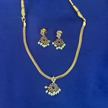 Gold Plated Ruby & Pearl Pendant Necklace Set with Earrings – Traditional South Indian Design