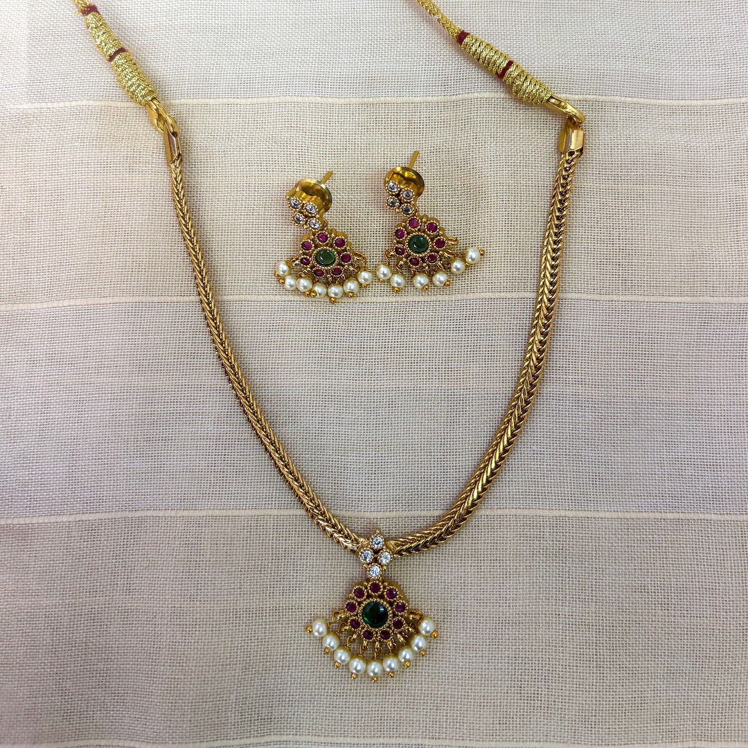 Gold Plated Ruby & Pearl Pendant Necklace Set with Earrings – Traditional South Indian Design