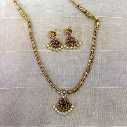 Gold Plated Ruby & Pearl Pendant Necklace Set with Earrings – Traditional South Indian Design
