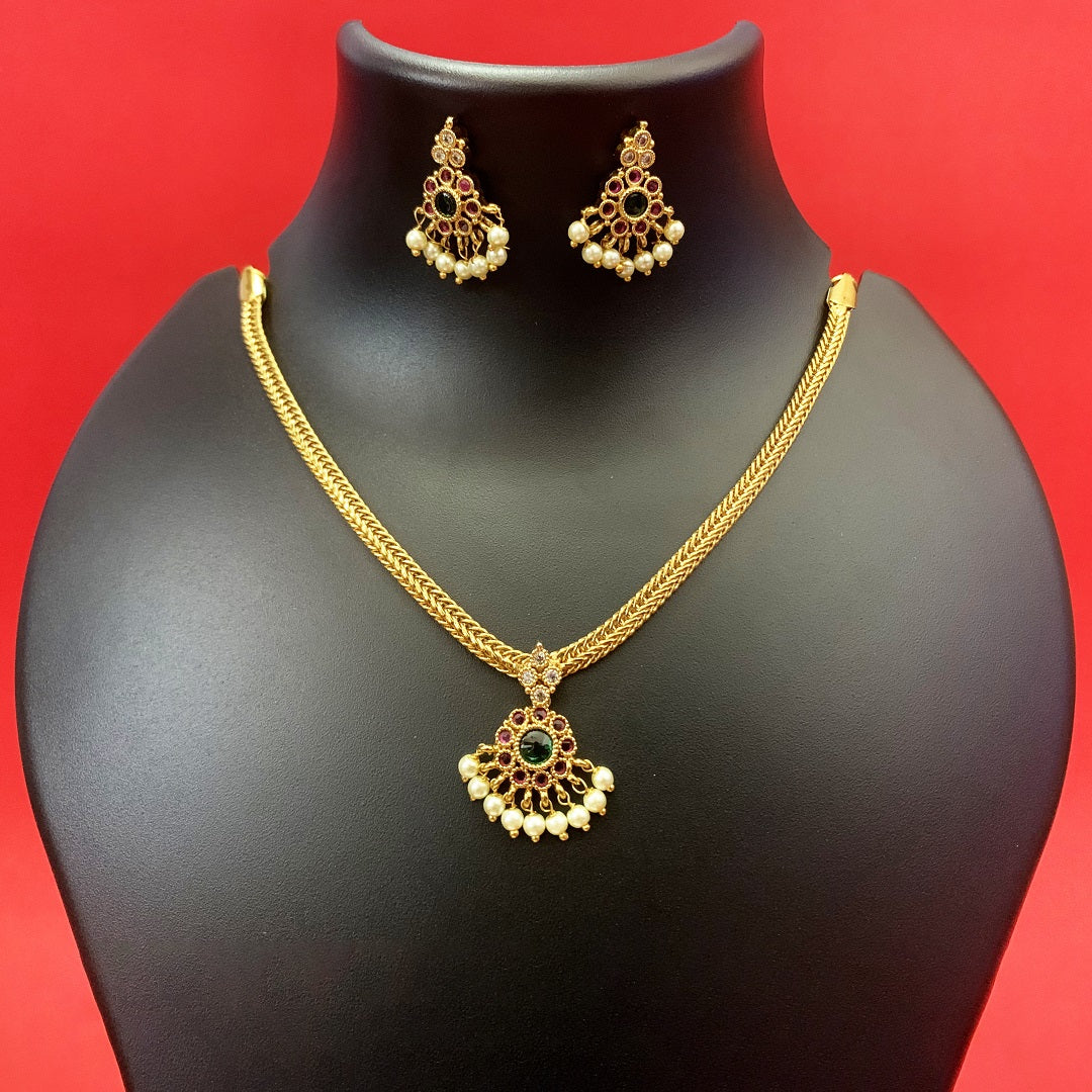 Gold Plated Ruby & Pearl Pendant Necklace Set with Earrings – Traditional South Indian Design