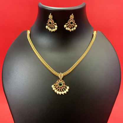 Gold Plated Ruby & Pearl Pendant Necklace Set with Earrings – Traditional South Indian Design
