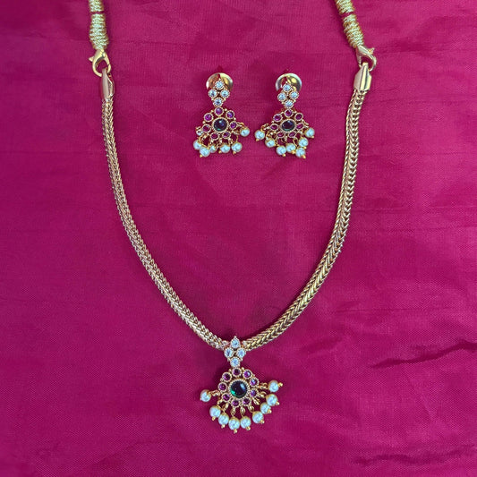Gold Plated Ruby & Pearl Pendant Necklace Set with Earrings – Traditional South Indian Design