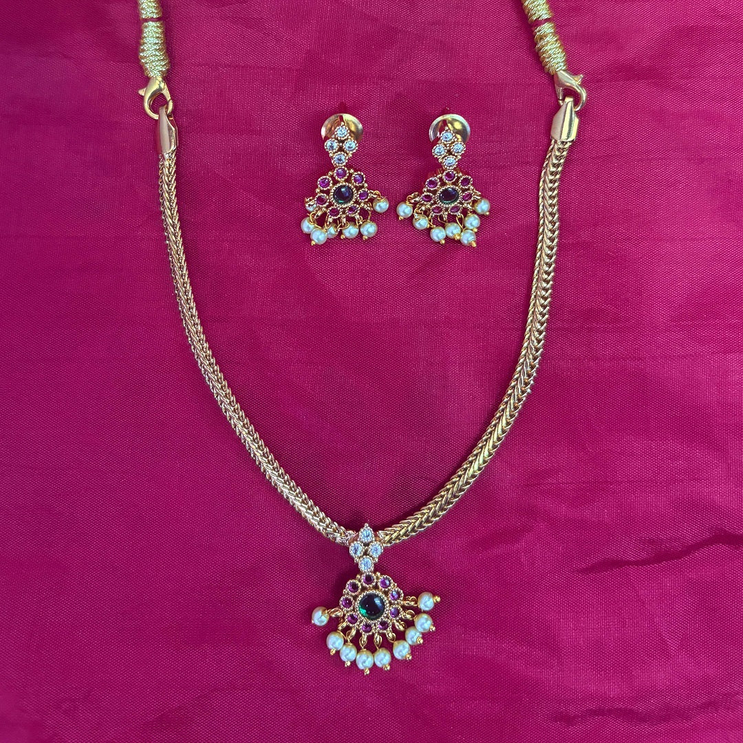 Gold Plated Ruby & Pearl Pendant Necklace Set with Earrings – Traditional South Indian Design