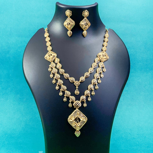 Gold-Plated Filigree Necklace Set with Earrings | Square Pendant Traditional Jewelry for Women & Girls