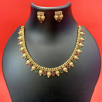 Gold-Plated Temple Necklace with Green & Ruby Stones + Earrings