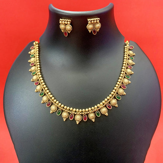 Gold-Plated Temple Necklace with Green & Ruby Stones + Earrings