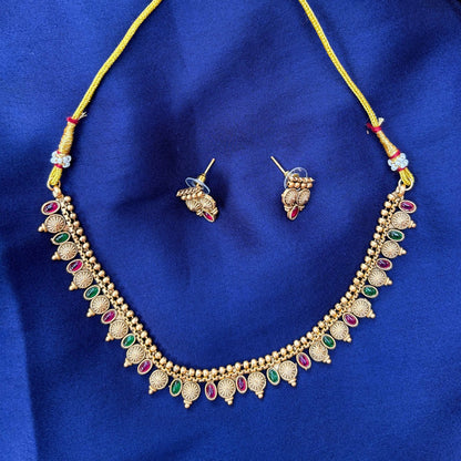 Gold-Plated Temple Necklace with Green & Ruby Stones + Earrings