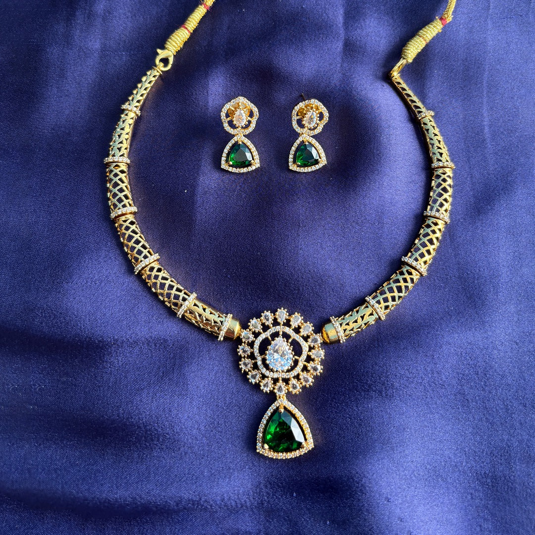 Gold-Plated Temple Necklace Set with Green Stone & Earrings