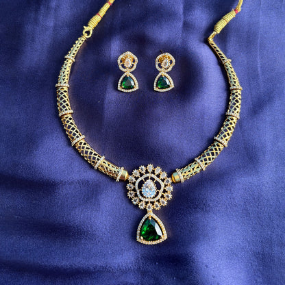 Gold-Plated Temple Necklace Set with Green Stone & Earrings