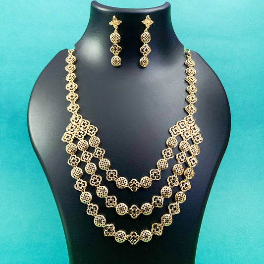 Gold-Plated Triple Layer Necklace Set with Earrings | Traditional Filigree Jewelry for Women & Girls
