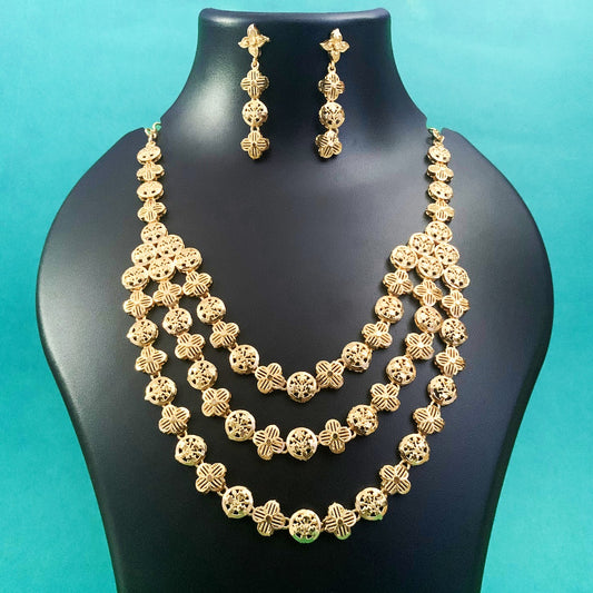 Gold-Plated Triple Layer Necklace Set with Earrings | Traditional Jewelry