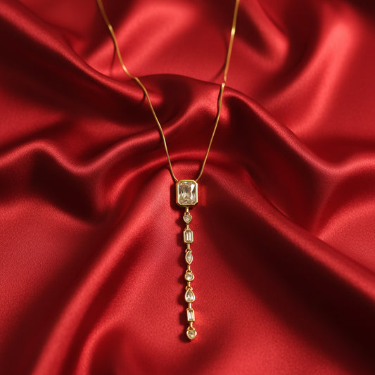 Clear Stone Vertical Drop Pendant Necklace – 18K Gold Plated