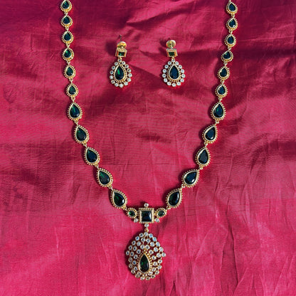 Jyothika Emerald Gold-Plated Long Necklace Set with Green Stones & Earrings