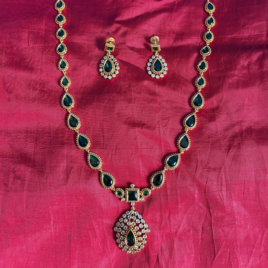Jyothika Emerald Gold-Plated Long Necklace Set with Green Stones & Earrings