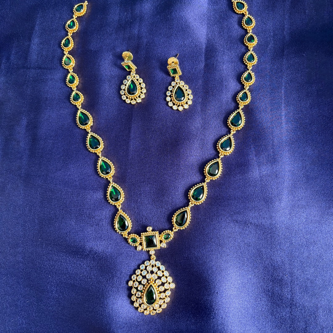 Jyothika Emerald Gold-Plated Long Necklace Set with Green Stones & Earrings