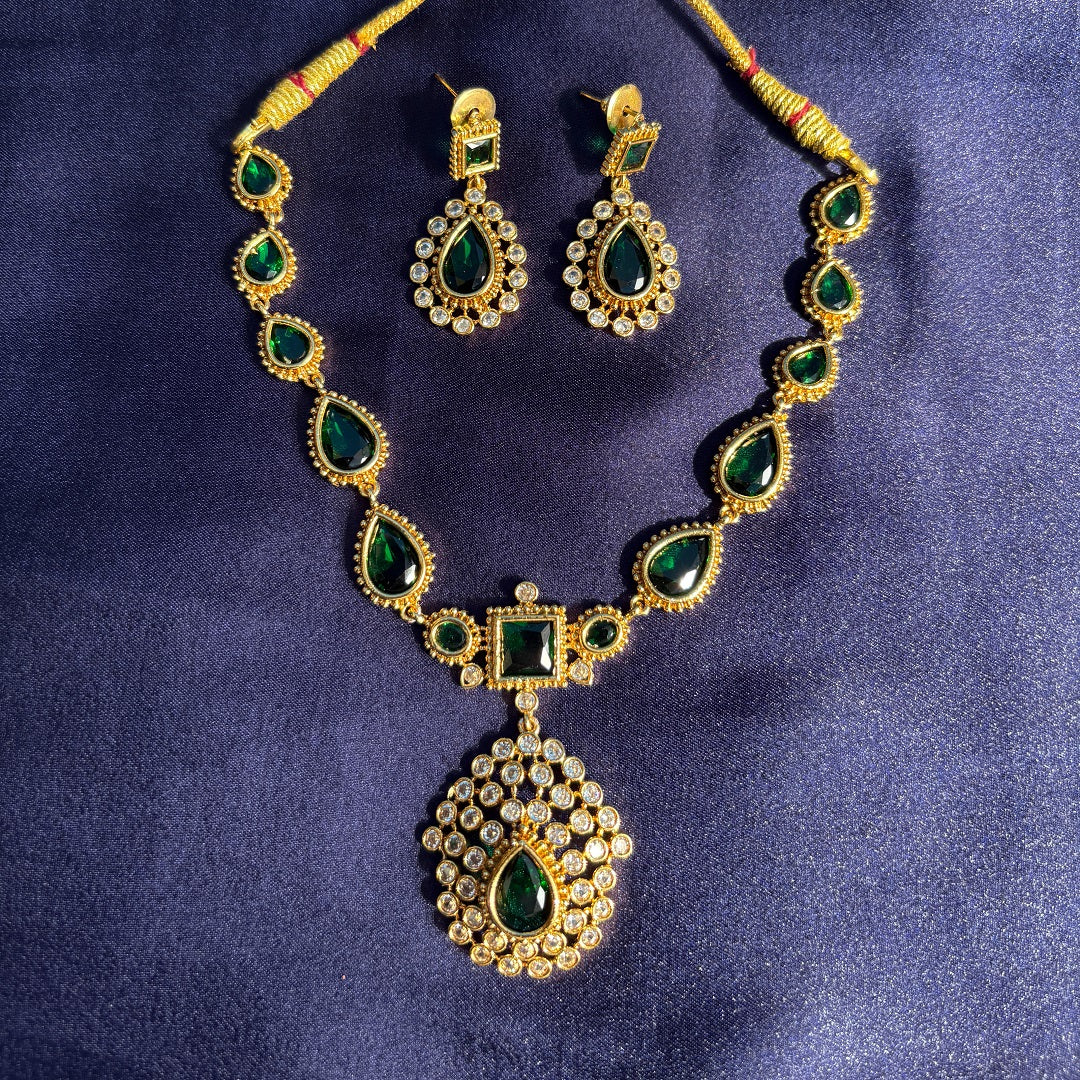 Jyothika Gold-Plated Necklace Set with Emerald Green Stones & Earrings