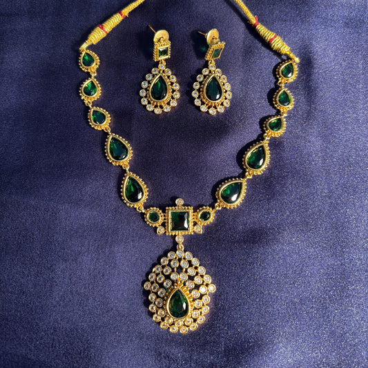 Jyothika Gold-Plated Necklace Set with Emerald Green Stones & Earrings