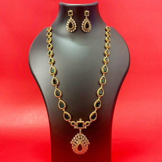 Jyothika Emerald Gold-Plated Long Necklace Set with Green Stones & Earrings