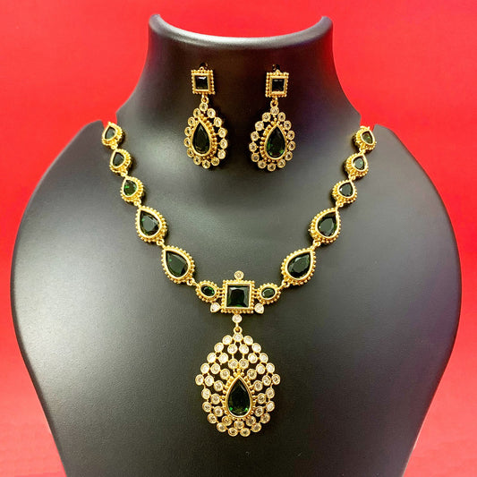 Jyothika Gold-Plated Necklace Set with Emerald Green Stones & Earrings