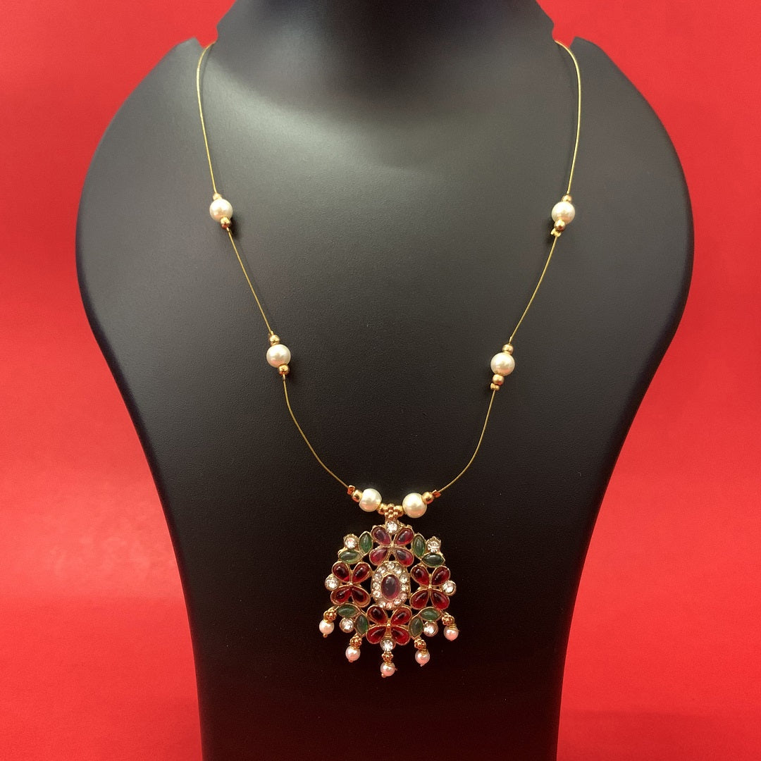 Kemp Multi-Stone Floral Pendant Invisible Necklace with Pearls | Traditional Indian Temple Jewelry