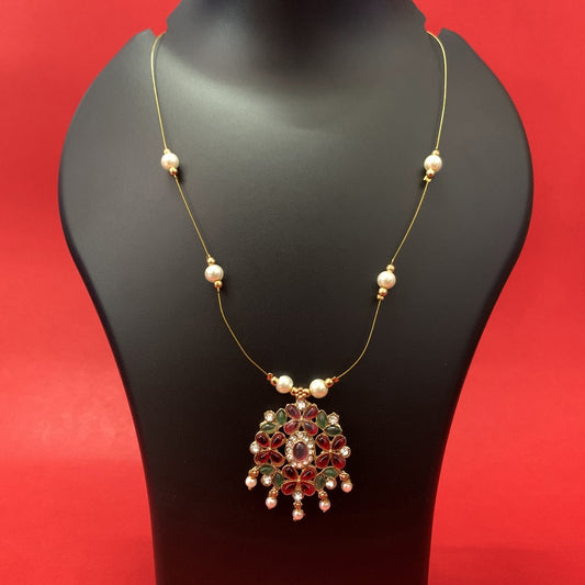 Kemp Multi-Stone Floral Pendant Invisible Necklace with Pearls | Traditional Indian Temple Jewelry