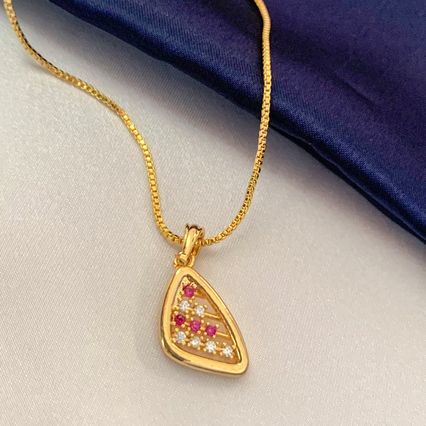 Gold-Plated Necklace with Triangular Red & White Stone Pendant