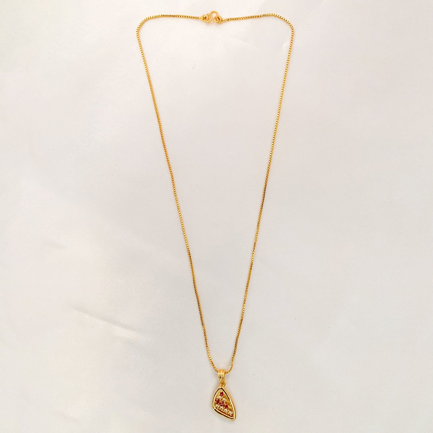 Gold-Plated Necklace with Triangular Red & White Stone Pendant