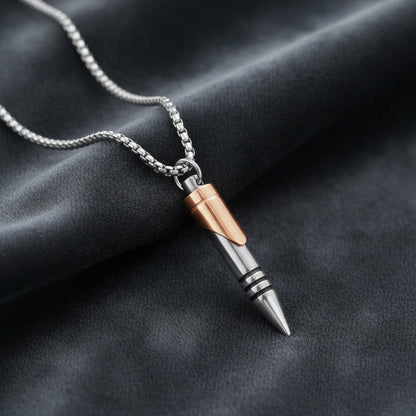 Men's Stainless Steel Bullet Pendant Necklace – Two-Tone Rose Gold & Silver – Durable Chain – Masculine Fashion Jewelry