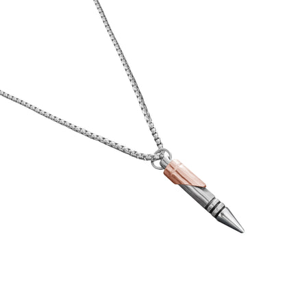 Men's Stainless Steel Bullet Pendant Necklace – Two-Tone Rose Gold & Silver – Durable Chain – Masculine Fashion Jewelry