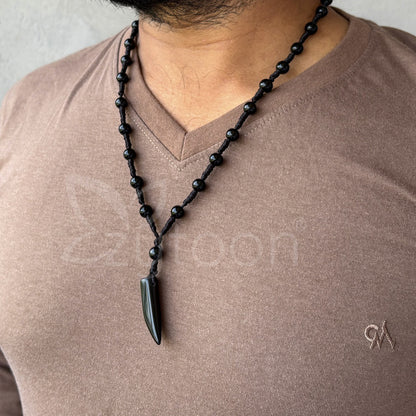 Men’s Black Beaded Necklace with Black Fang Pendant | Tribal & Stylish