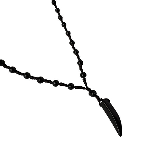 Men’s Black Beaded Necklace with Black Fang Pendant | Tribal & Stylish