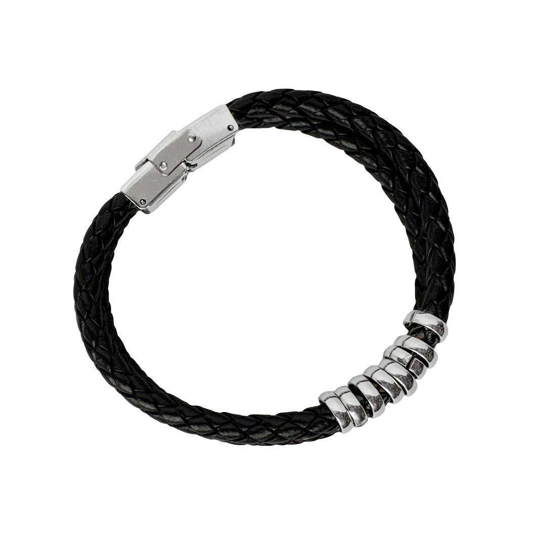 Men’s Black Braided Leather Bracelet with Silver Beads – Stylish Casual Jewelry