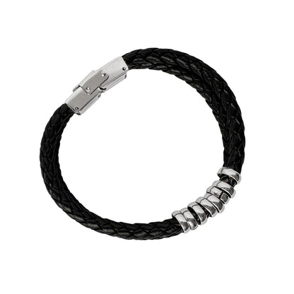 Men’s Black Braided Leather Bracelet with Silver Beads – Stylish Casual Jewelry