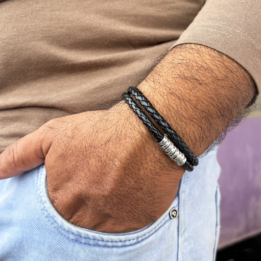 Men’s Black Braided Leather Bracelet with Silver Beads – Stylish Casual Jewelry