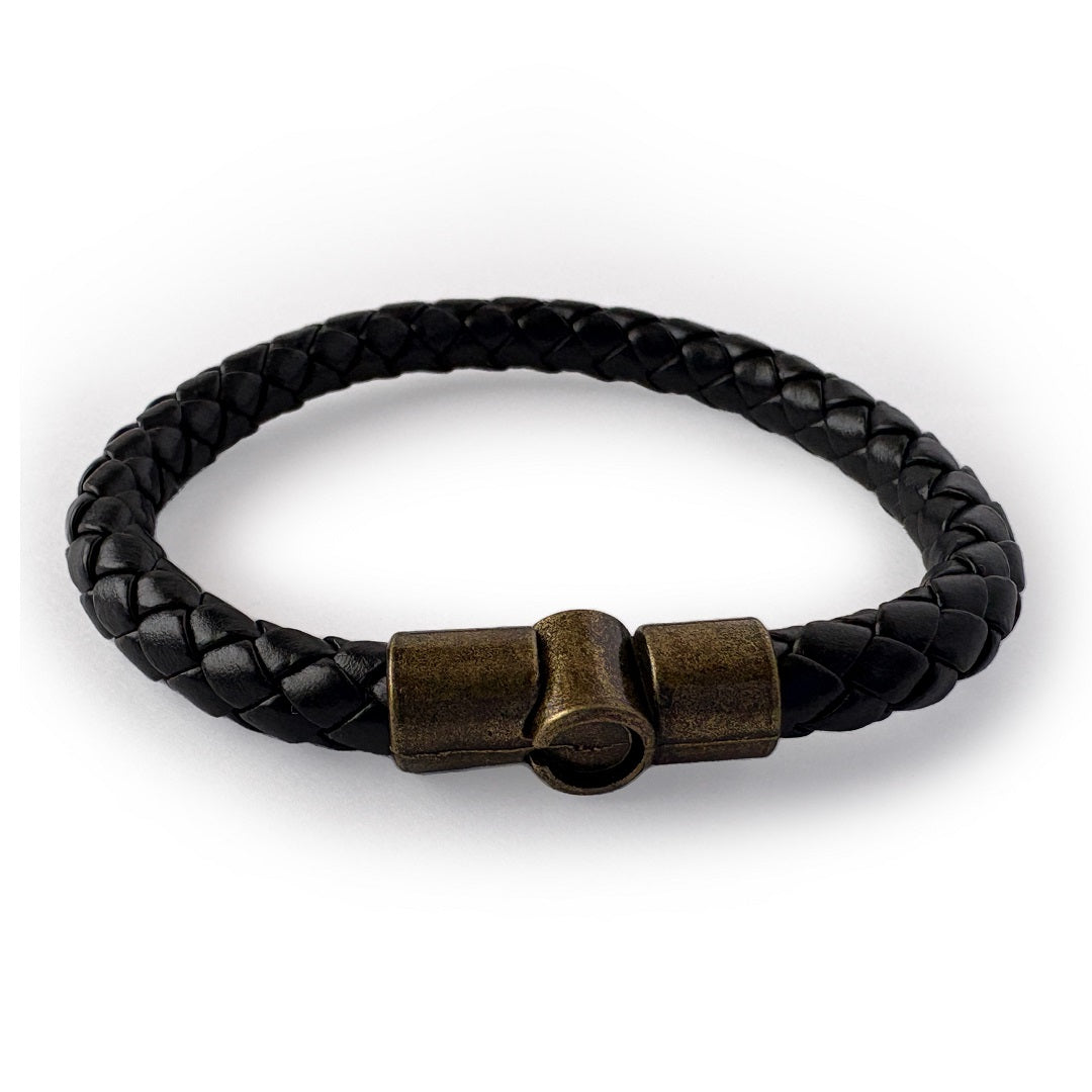 Men’s Black Braided Leather Bracelet with Antique Gold Clasp – Stylish & Durable Casual Jewelry