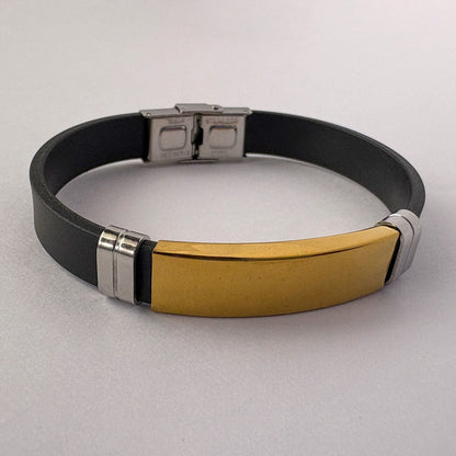 Men’s Black Strap Bracelet with Gold Plate – Stainless Steel Modern Design