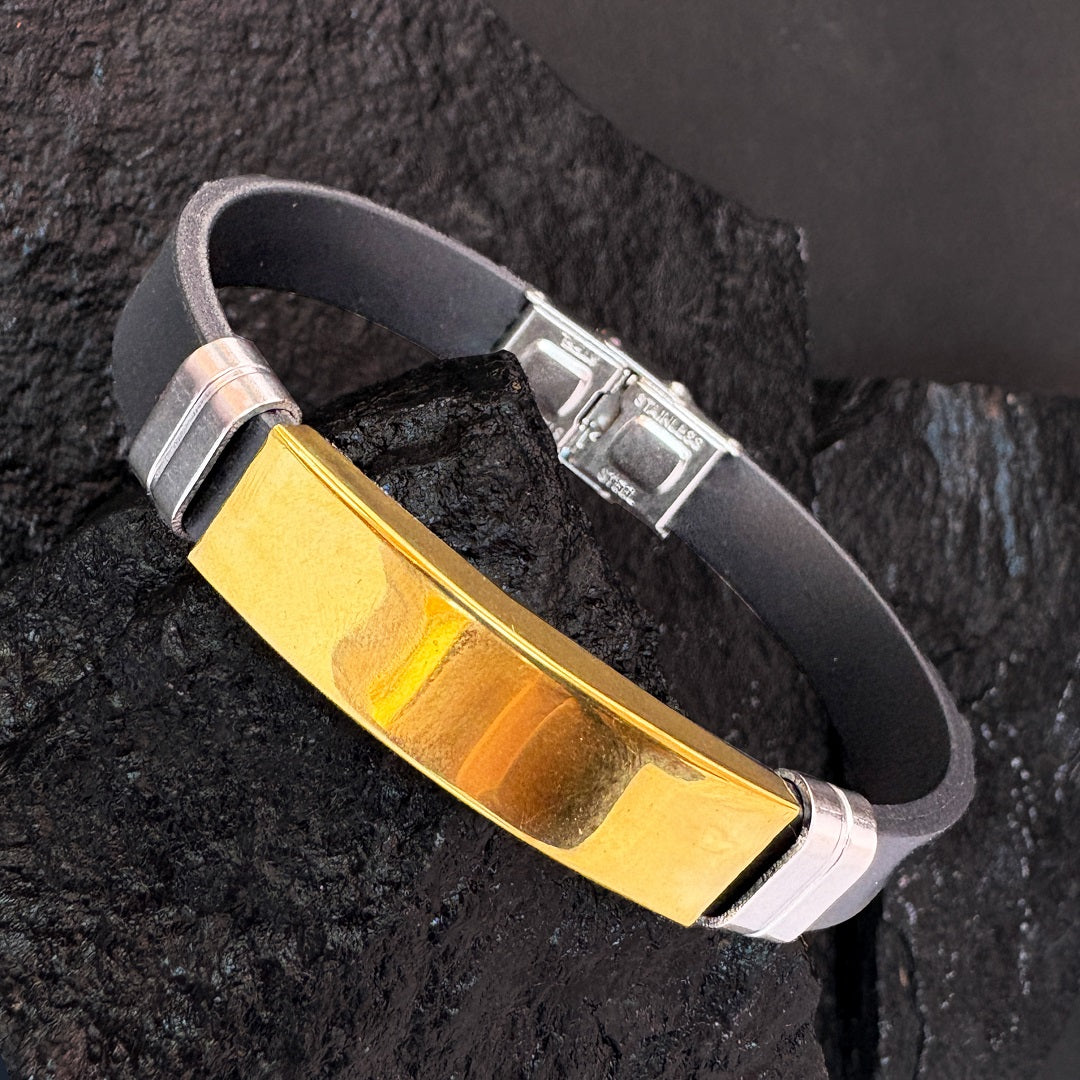 Men’s Black Strap Bracelet with Gold Plate – Stainless Steel Modern Design