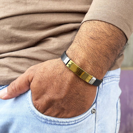 Men’s Black Strap Bracelet with Gold Plate – Stainless Steel Modern Design