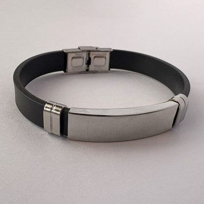 Men’s Black Strap Bracelet with Silver Plate – Stainless Steel Modern Wristband