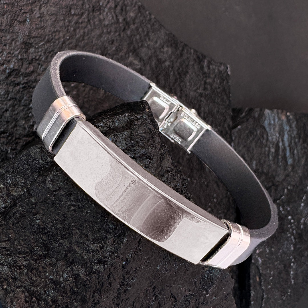 Men’s Black Strap Bracelet with Silver Plate – Stainless Steel Modern Wristband