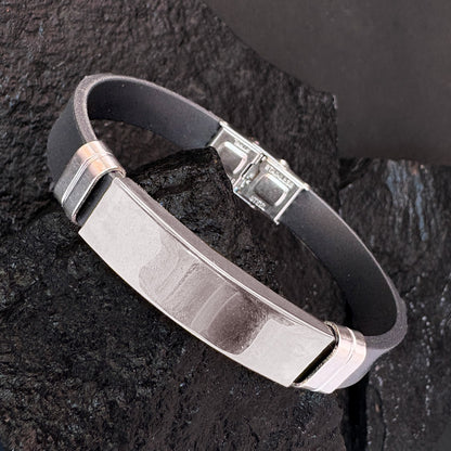 Men’s Black Strap Bracelet with Silver Plate – Stainless Steel Modern Wristband