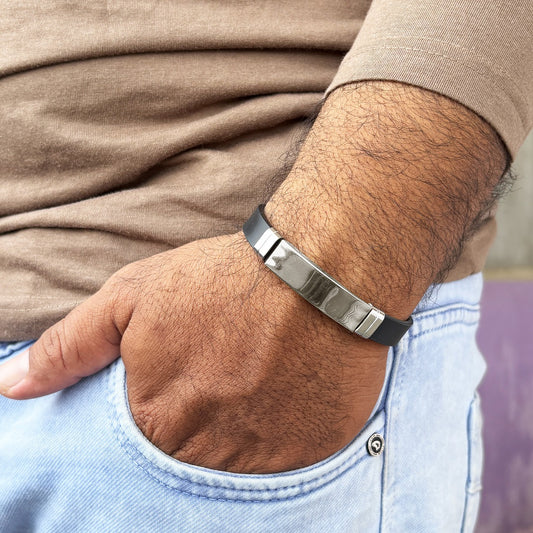 Men’s Black Strap Bracelet with Silver Plate – Stainless Steel Modern Wristband