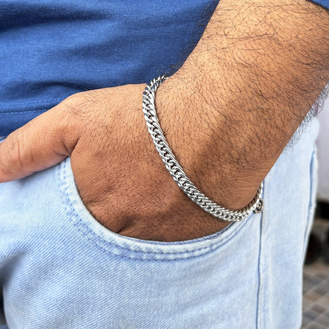 Men's Silver-Tone Curb Chain Bracelet - Classic Cuban Link